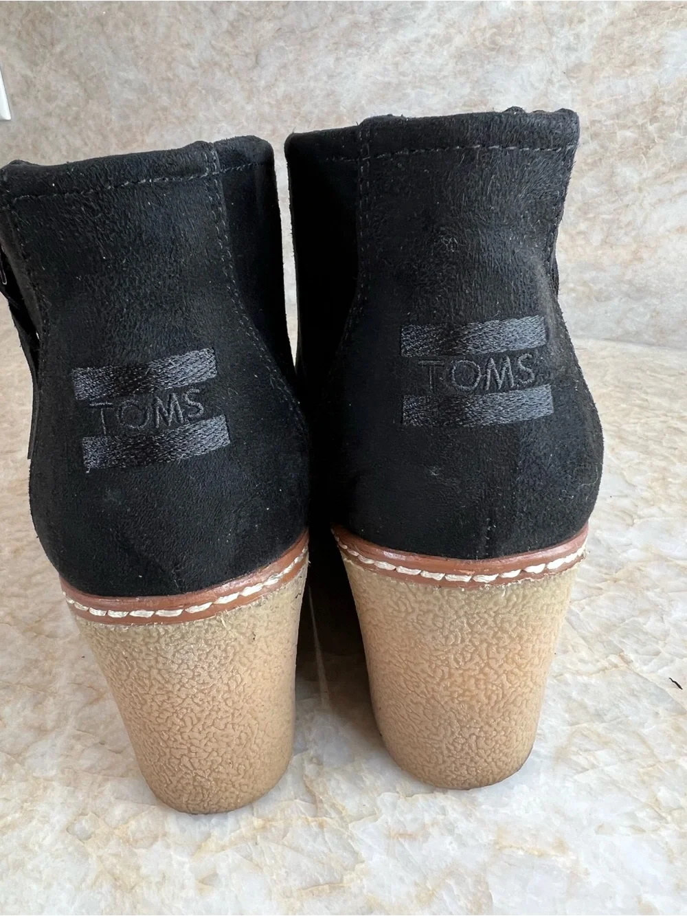 Toms Black Suede Wedge Ankle Booties with Tan Wedge